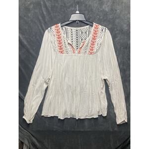 Mossimo Boho Peasant Crinkle Blouse Sz 2X White Red Embroidery Crochet Hippie